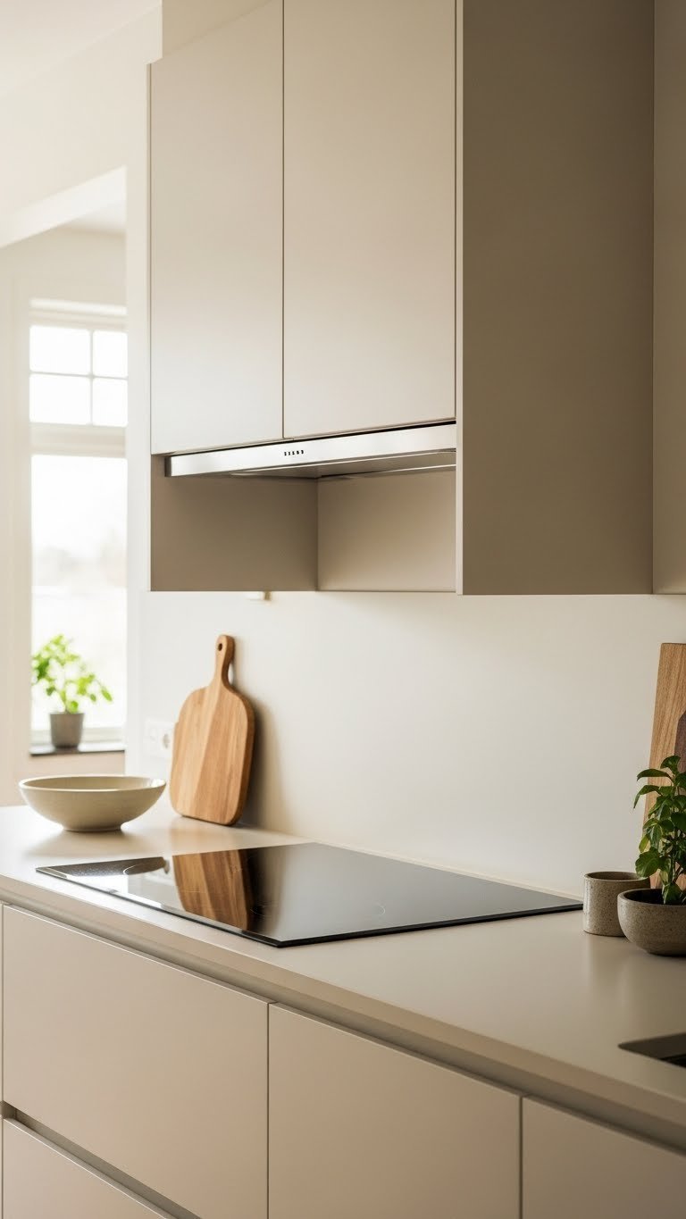 Modern Scandinavian kitchen with integrated hood concealed behind sleek handleless cabinetry panels above minimalist cooktop