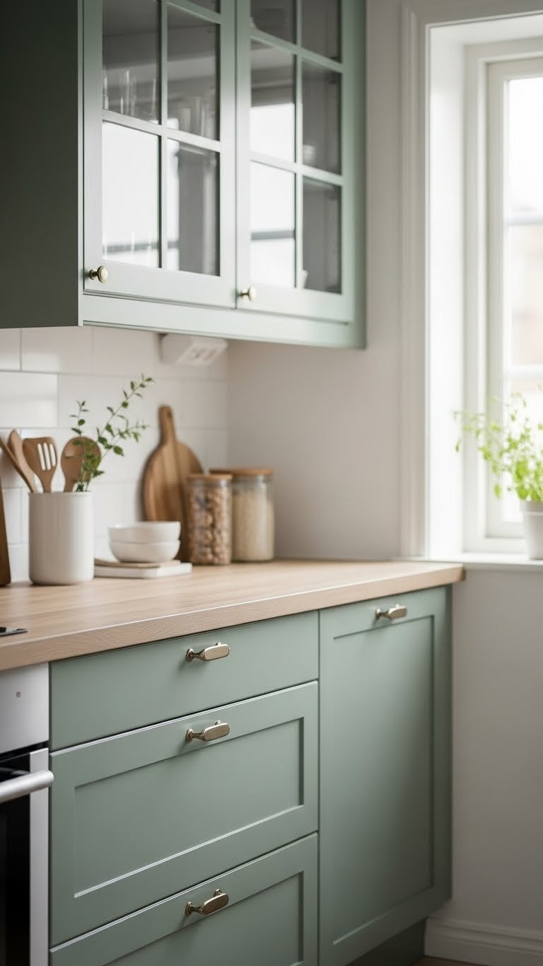 Modern Scandinavian kitchen with sage green minimalist cabinets against light wood countertop and soft natural lighting.