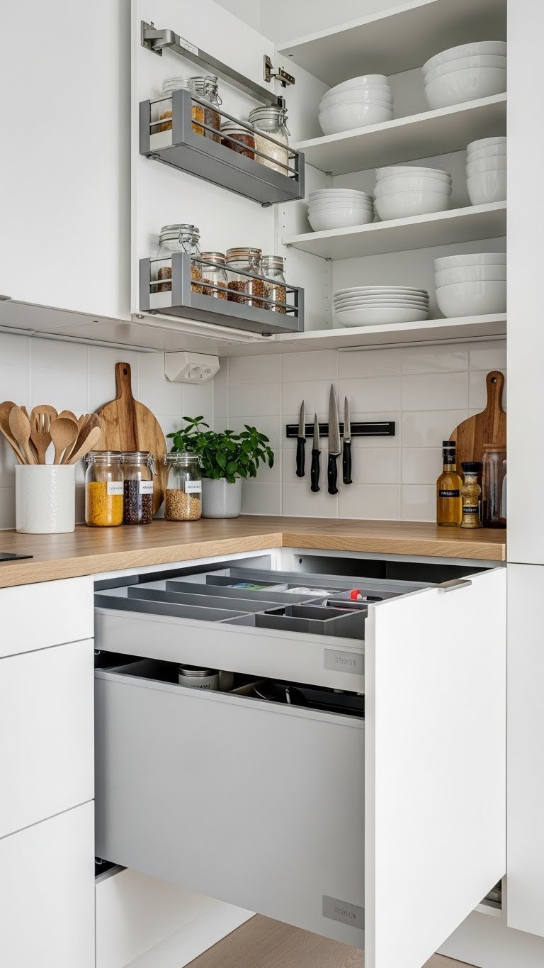 Modern Scandinavian kitchen with smart storage solutions including deep drawers and pull-out pantry shelves