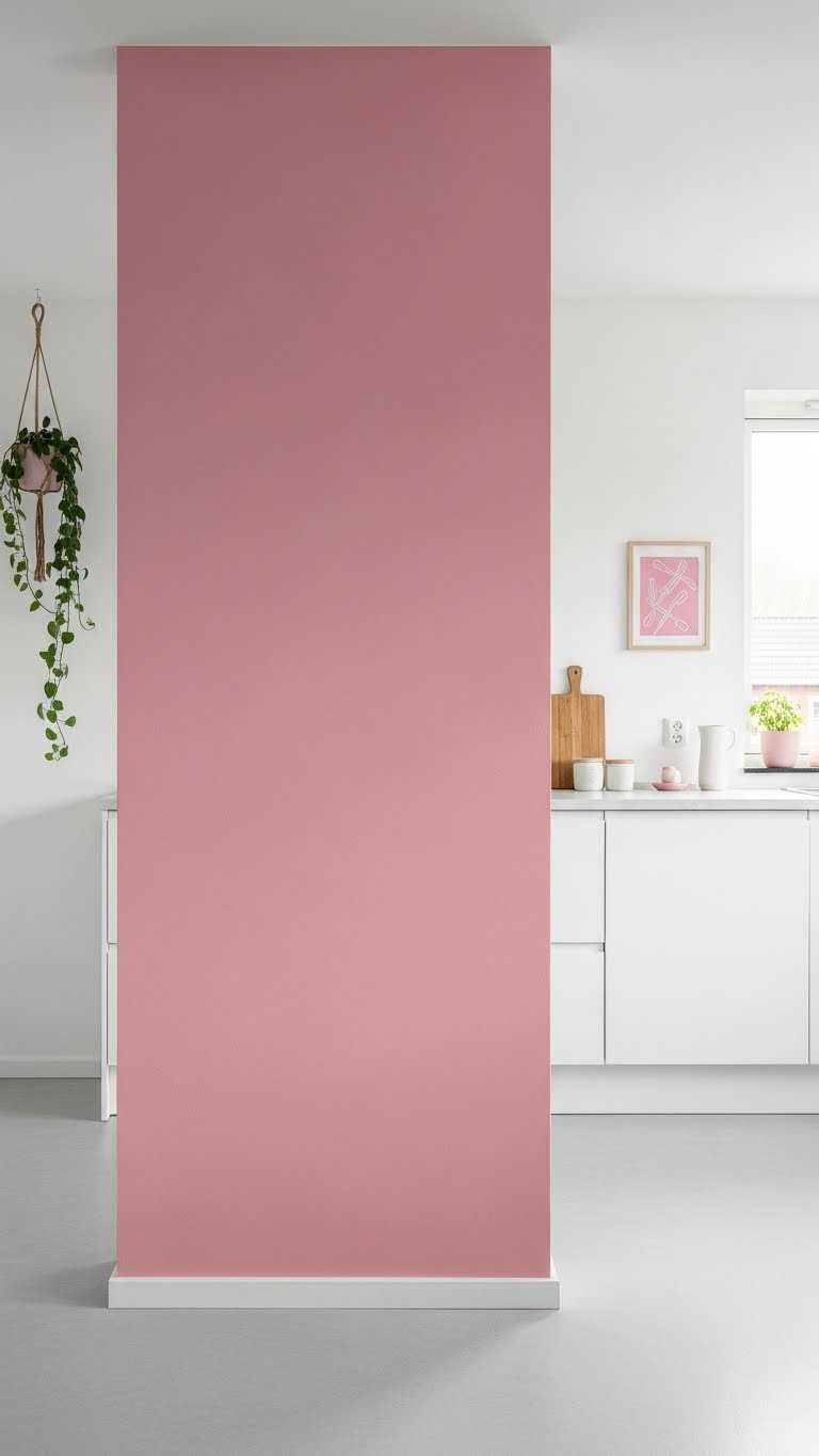 Modern Scandinavian kitchen with soft dusty pink feature wall and minimalist white cabinetry