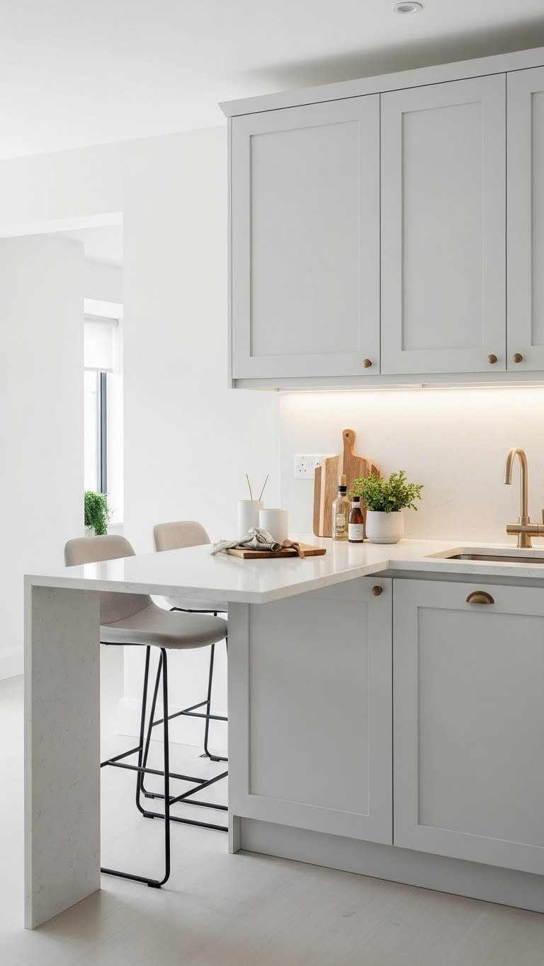 Small Kitchen Peninsula: 7 Genius Designs For Limited Space 1 Modern U-shaped kitchen peninsula with quartz countertop and bar stools in bright minimalist interior with natural lighting