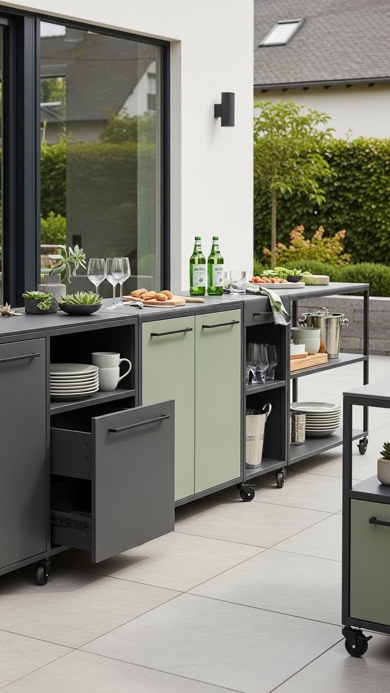 Modern adaptable outdoor kitchen featuring flexible modular storage units arranged in customizable patio configuration.