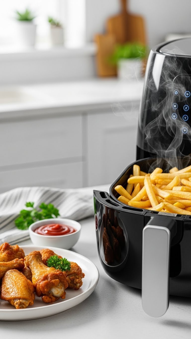 Modern air fryer basket filled with crispy golden french fries on white plate with steam rising