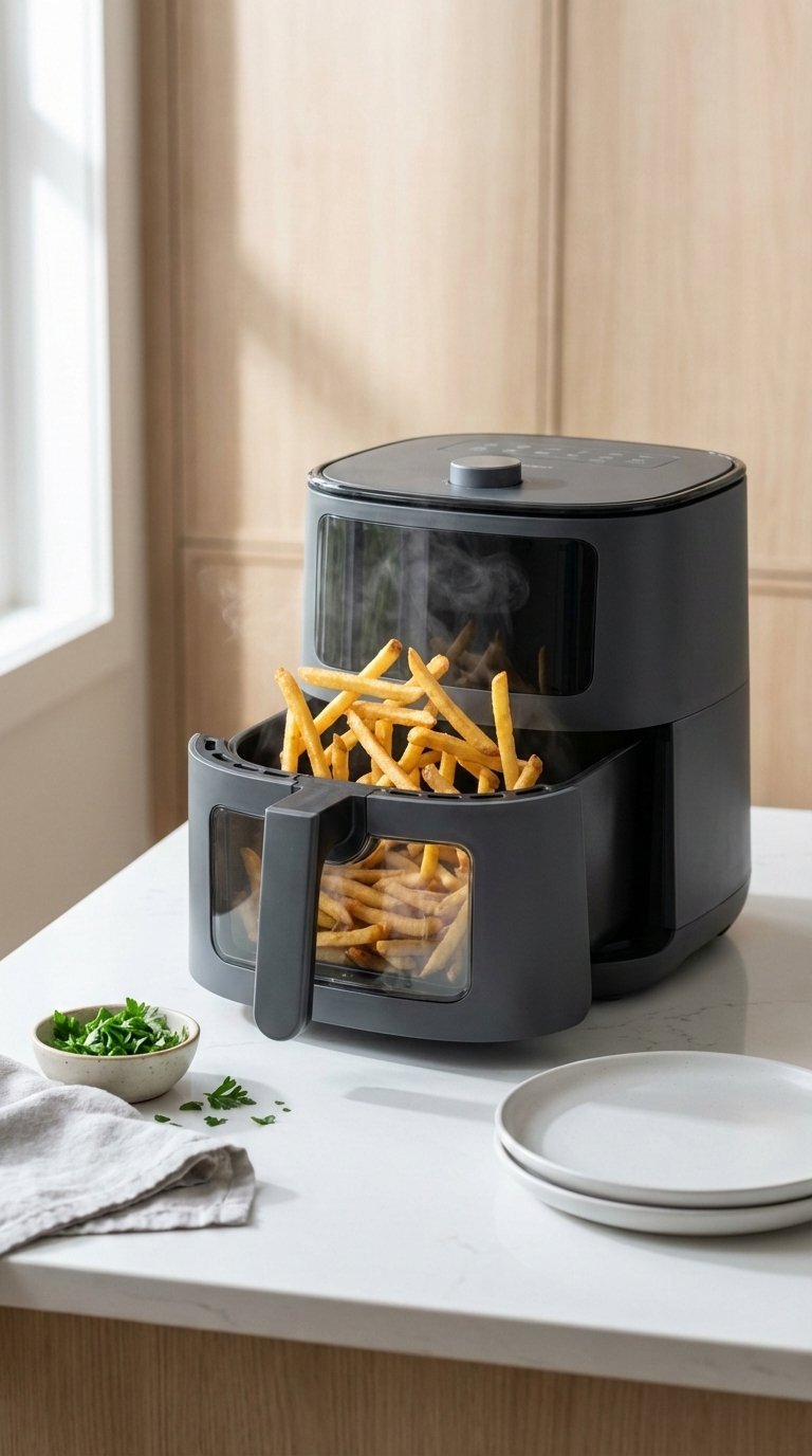 Modern air fryer crisping golden french fries on white quartz countertop with steam rising