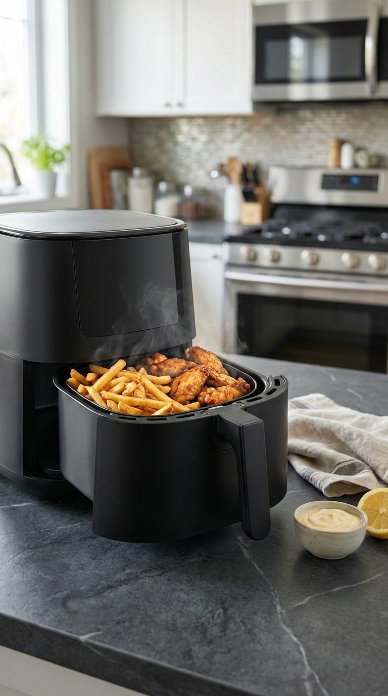 Modern air fryer with golden-brown crispy fries in basket on dark stone countertop with steam rising.