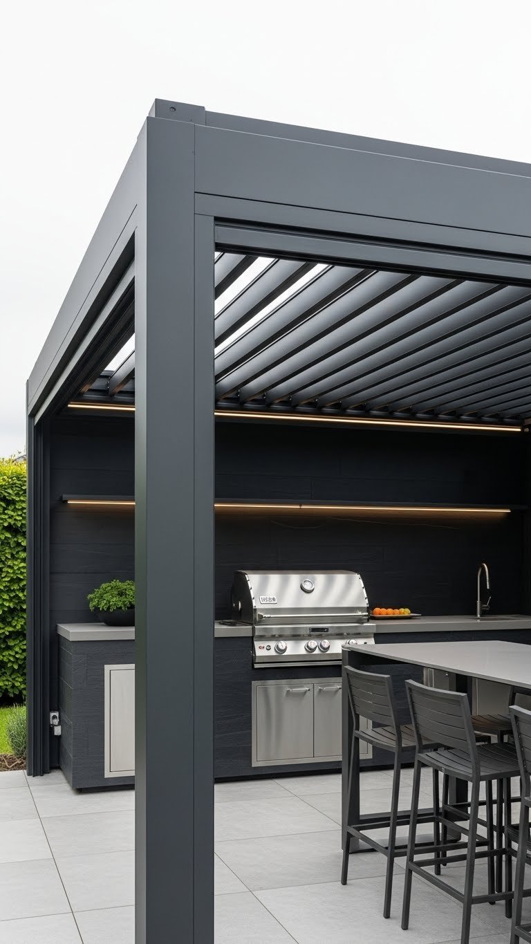 Modern aluminum louvered pergola with adjustable roof covering outdoor grill station in stone patio garden setting