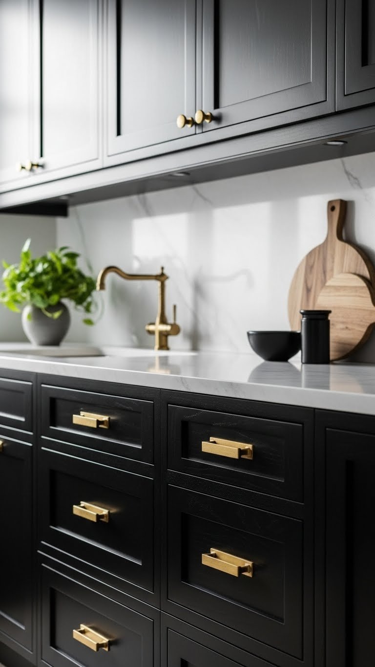 Dark Kitchen Aesthetic Apartment: Chic &Amp; Cozy Design Guide 1 Modern apartment kitchen with sleek matte black cabinets, white marble countertop, and brass pulls under natural light.