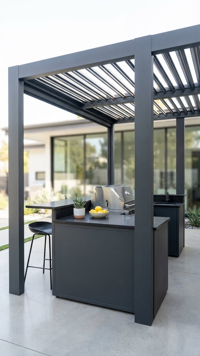 Outdoor Kitchen Gazebo Design Ideas That Are Complete And Proven 1 Modern black aluminum outdoor kitchen gazebo with louvered roof, stainless steel grill, and quartz countertops on polished concrete patio