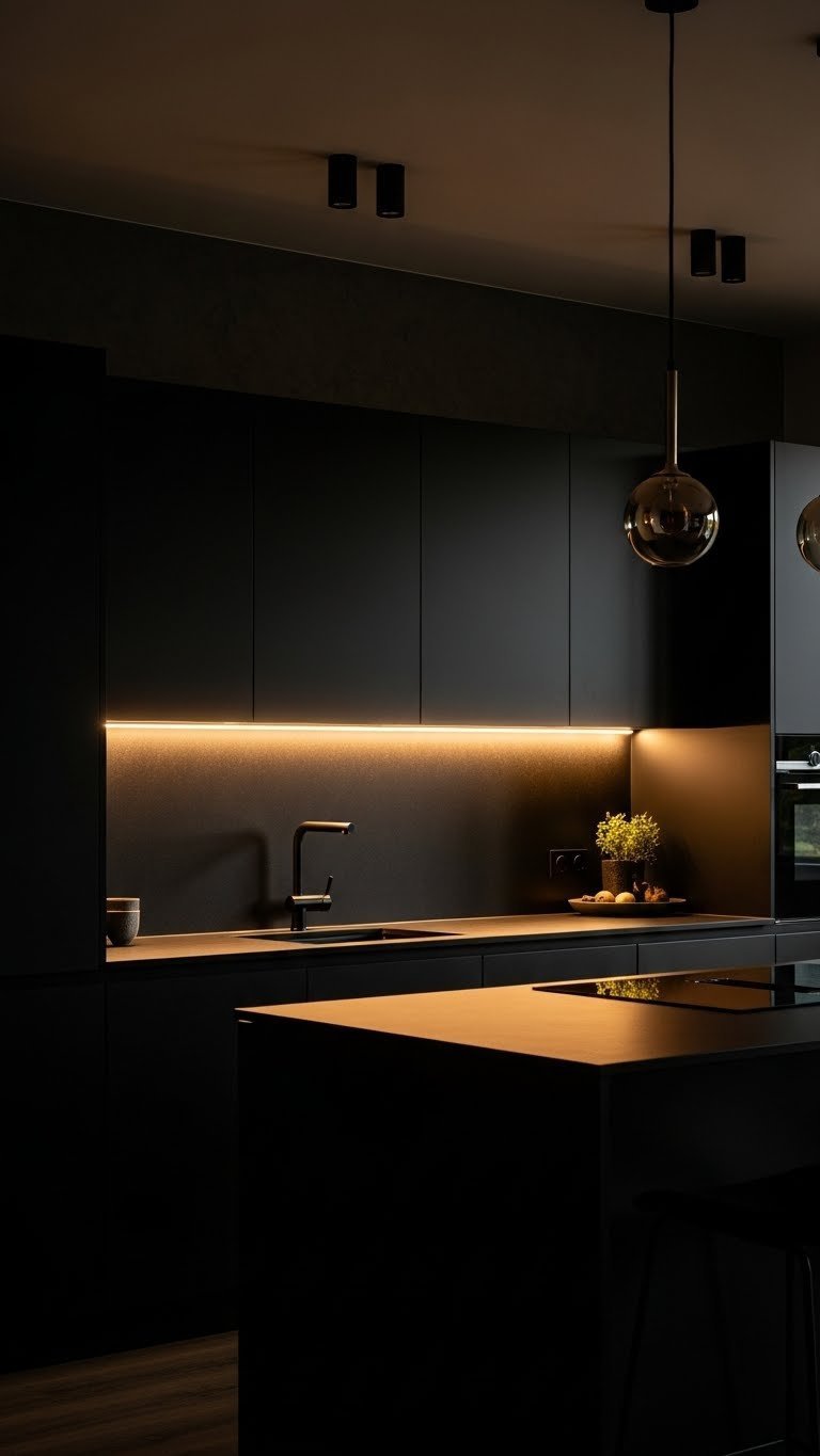 Modern black kitchen at twilight, showcasing warm LED strip lighting under cabinets and ceiling spotlights on black backsplash.