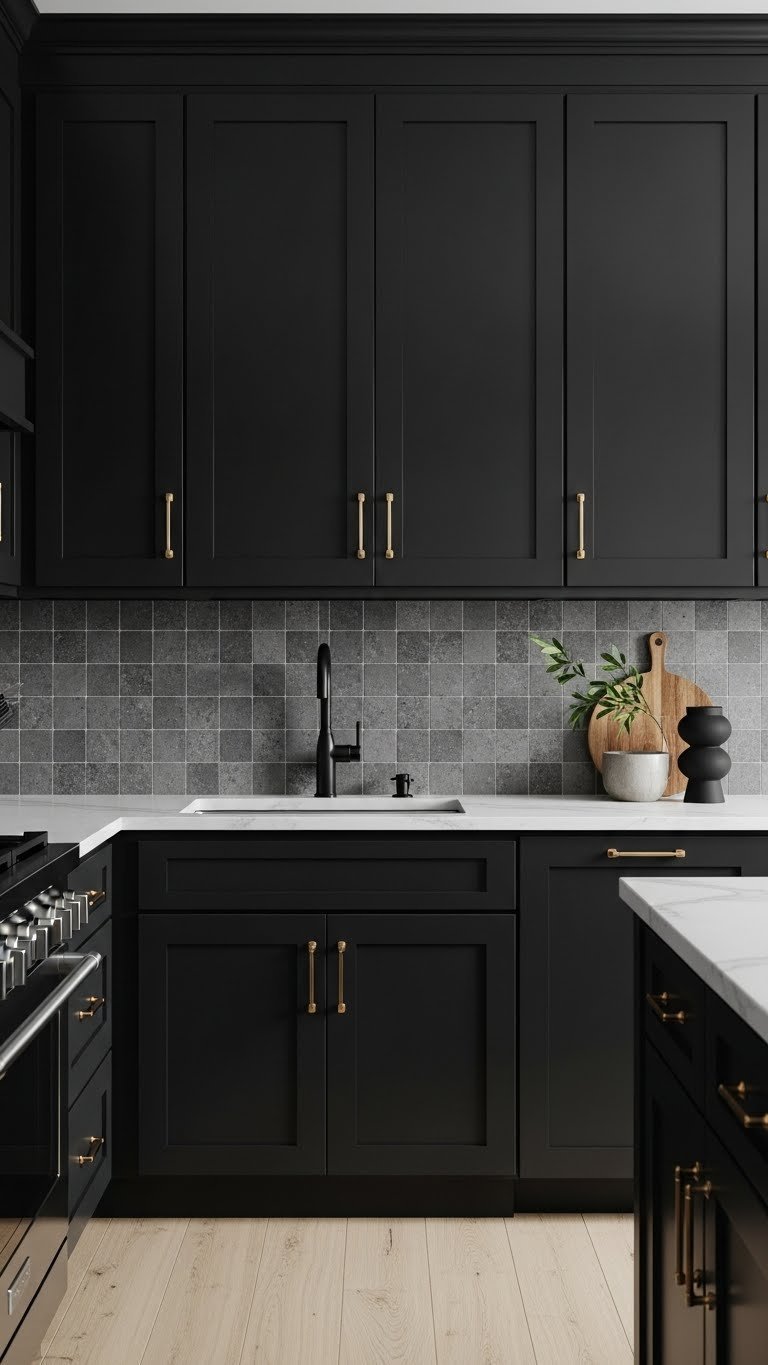 Modern black kitchen with light wood flooring, textured gray backsplash, and black cabinets. Harmonious design elements.