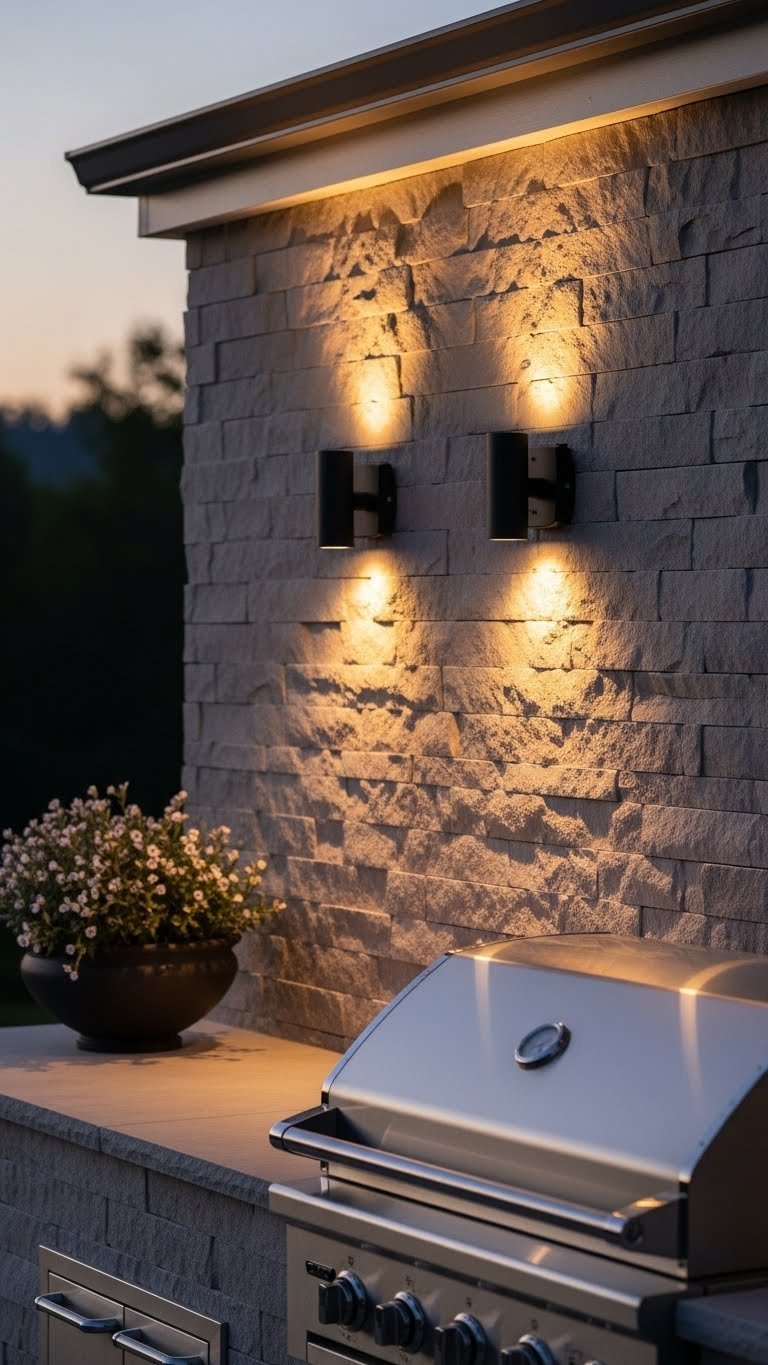 Modern black metal wall sconces creating wash effect on textured stone wall adjacent to outdoor kitchen