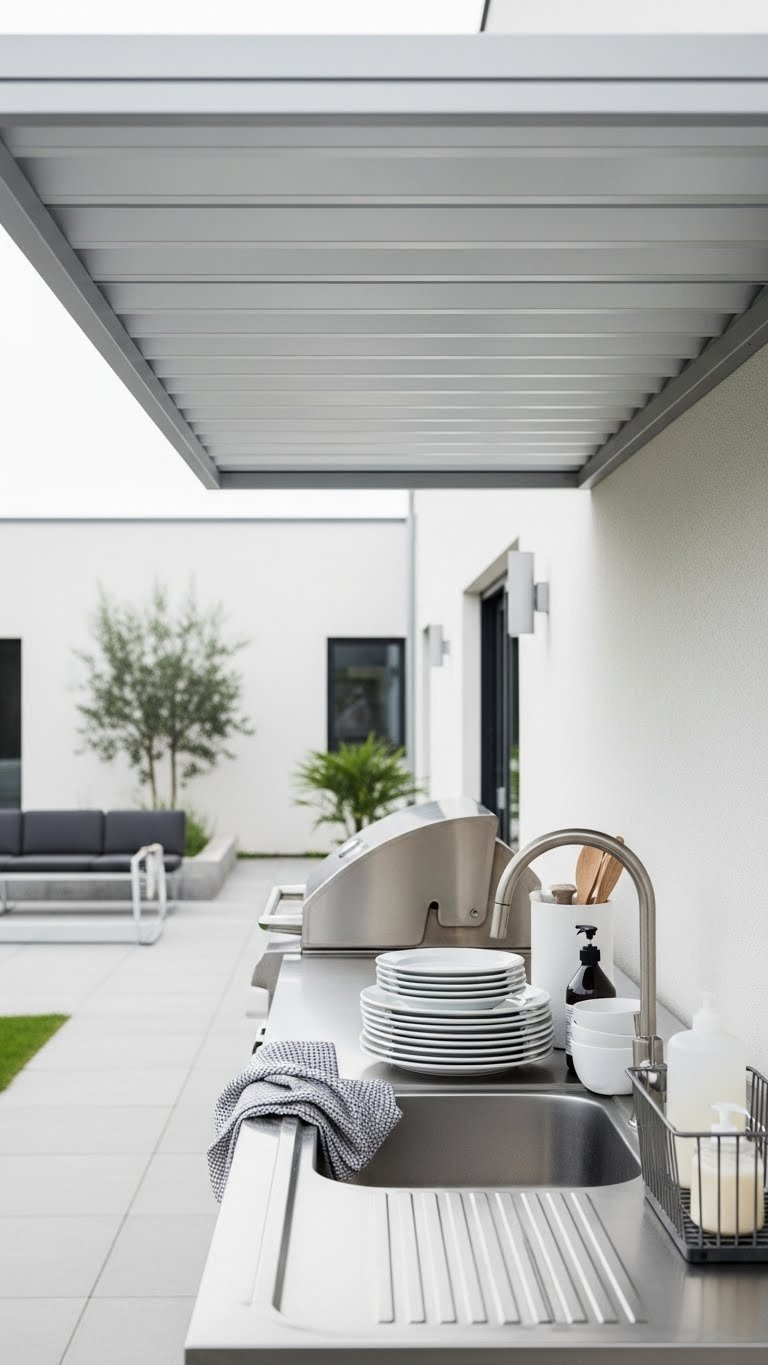 Modern cantilever pergola extending from wall over outdoor sink and washing station