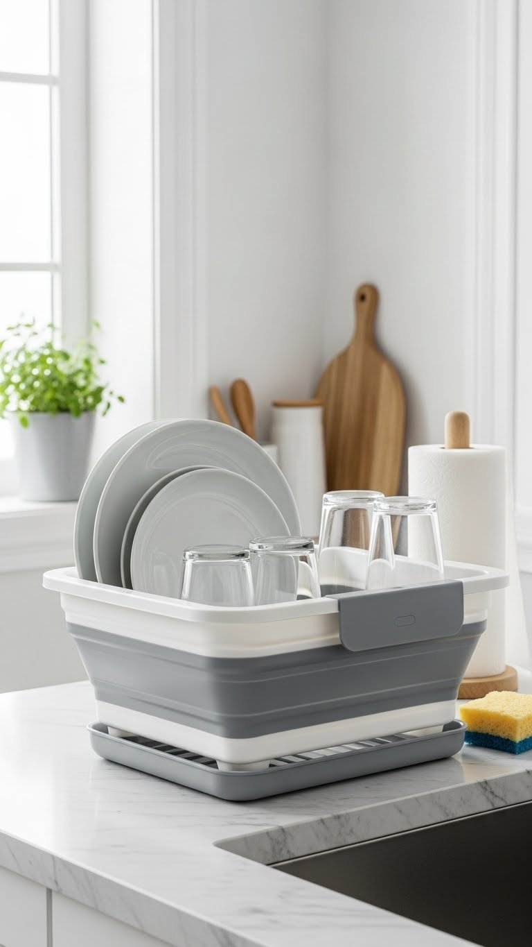 Meesho Kitchen Gadgets: 11 Essential Tools For Smart Cooking 17 Modern compact foldable dish drainer holding freshly washed plates and glasses on small kitchen counter.