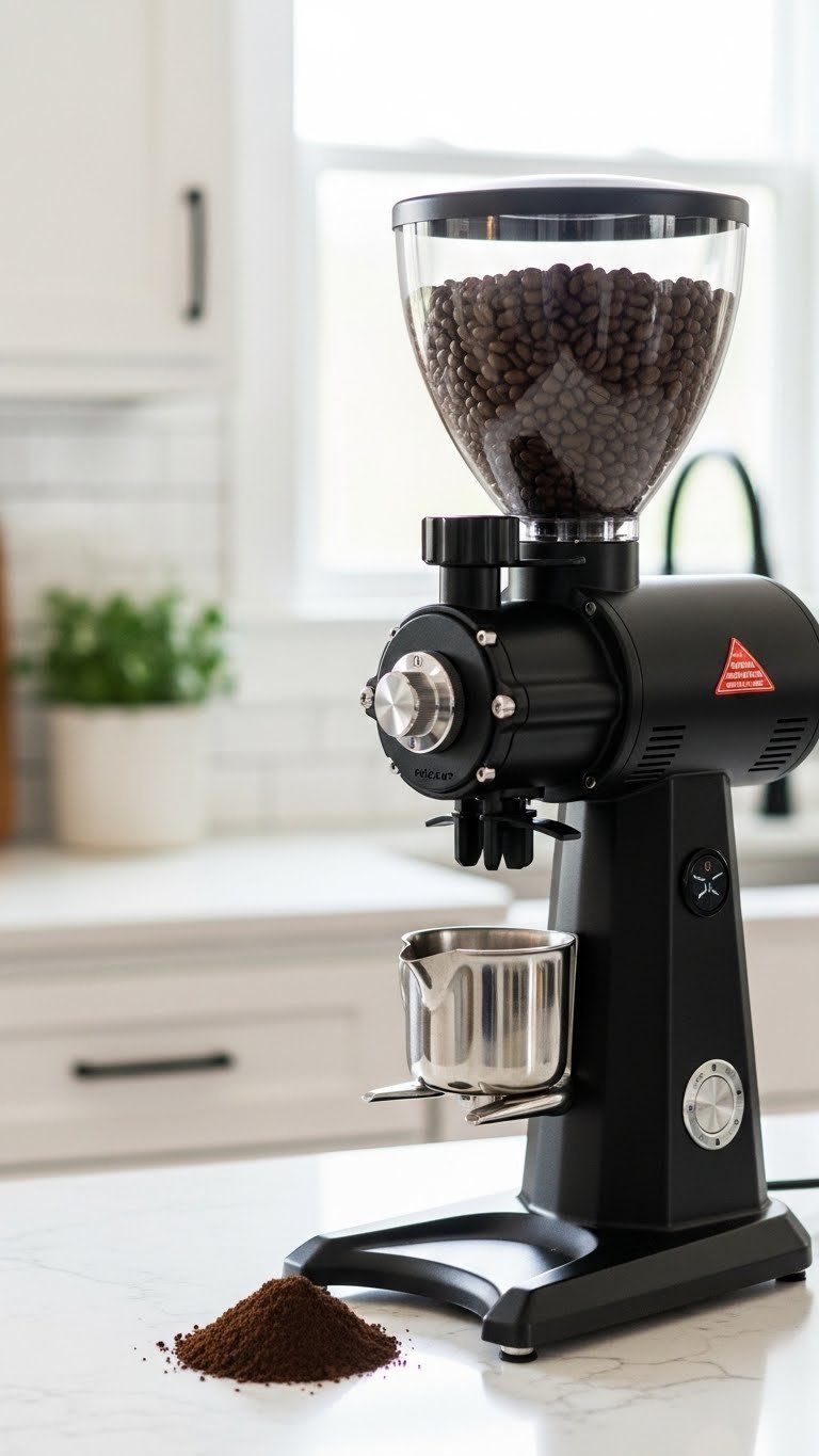Modern conical burr coffee grinder with glossy coffee beans in hopper on quartz countertop with soft bokeh background