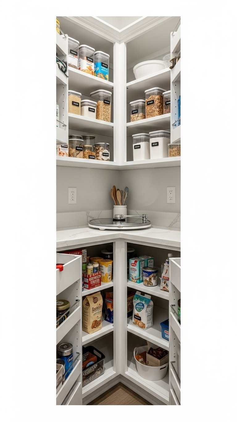 Diy Kitchen Pantry Ideas: 7 Essential Storage Solutions 13 Modern corner kitchen pantry features L-shaped shelving, maximizing space for food containers and a turntable.