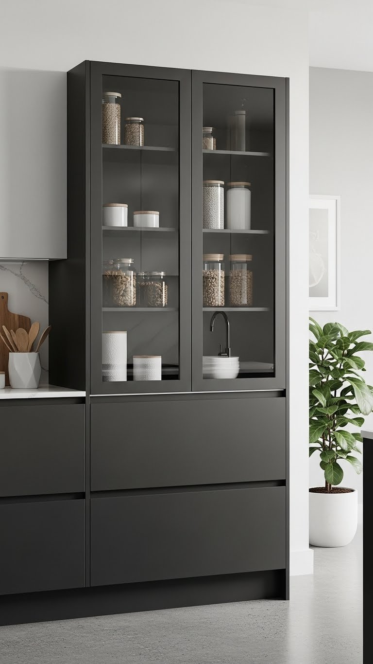 11 Essential Freestanding Pantry Ideas For Every Kitchen 15 Modern dark gray freestanding pantry with glass doors in a minimalist kitchen, showcasing stylishly arranged pantry items.