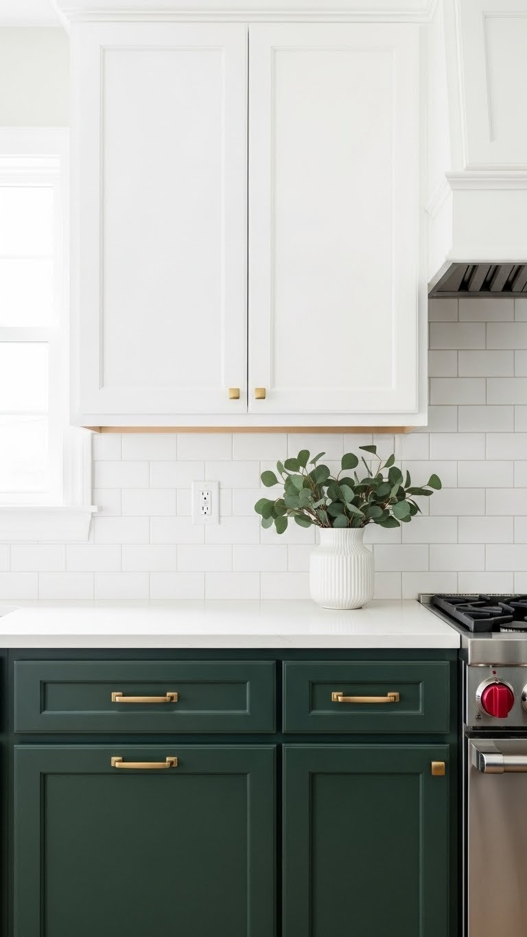 Modern dark green kitchen base cabinets, white upper cabinets, subway tile backsplash, and brass hardware. Sleek interior design.