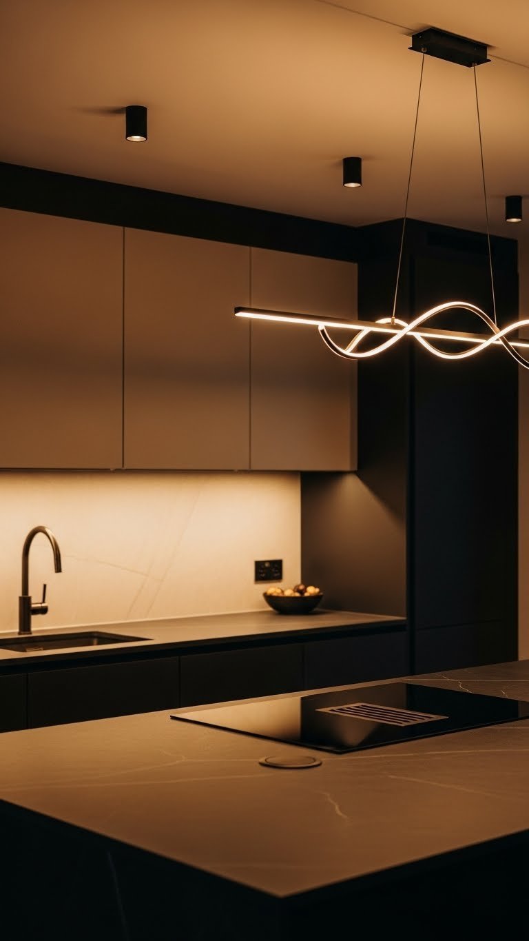 Dark Kitchen Aesthetic: 7 Ideas For Elevated Cooking 3 Modern dark kitchen with layered architectural lighting, under-cabinet LEDs, and sculptural pendant over a polished stone island.