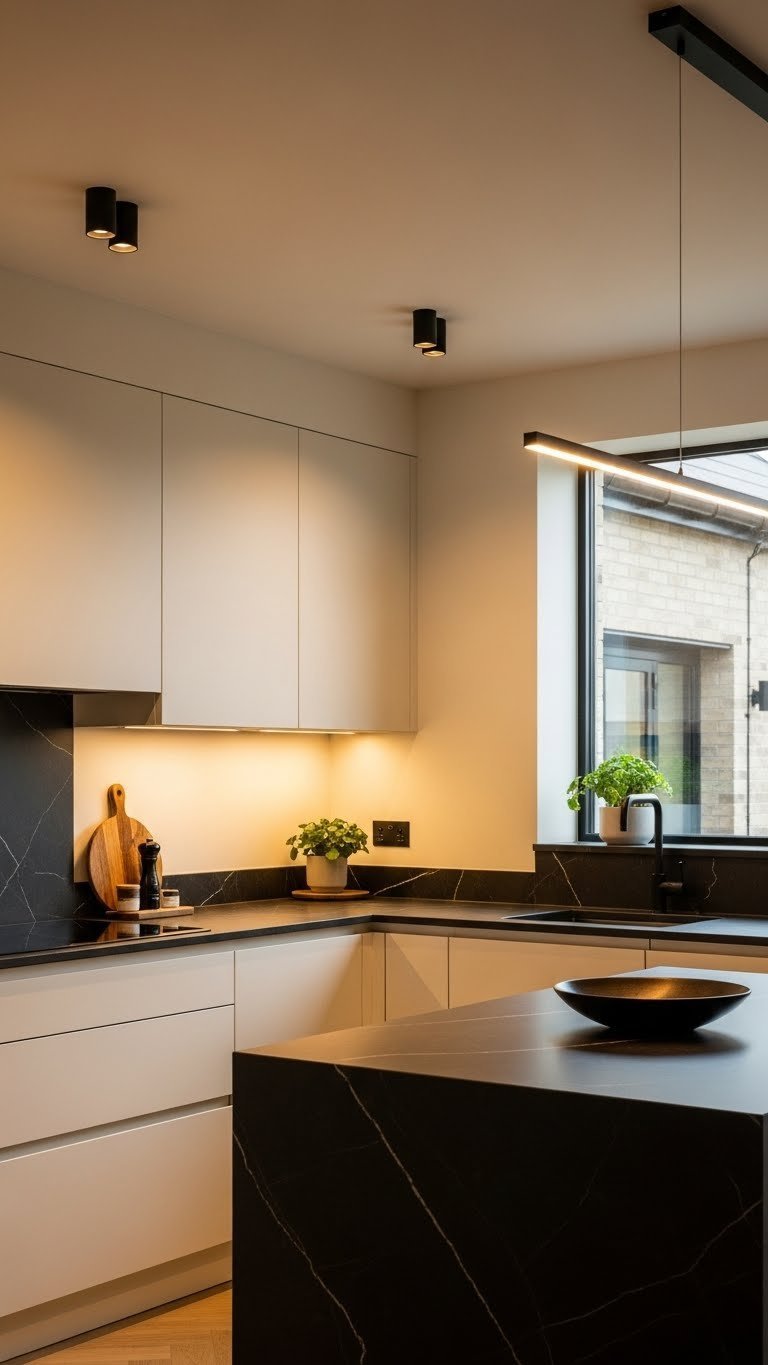 Modern dark kitchen with layered lighting: under-cabinet LEDs, ceiling spotlights, and black pendant light. Striking design.