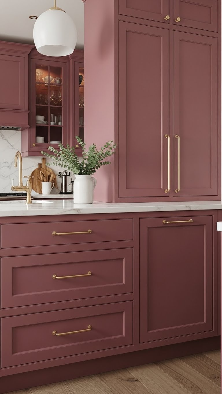 Dark Pink Kitchen Aesthetic: 7 Elegant Ideas To Try 1 Modern dark pink kitchen with floor-to-ceiling shaker cabinets, brushed brass hardware, and white marble countertop. Elegant rose kitchen design, fresh greenery.