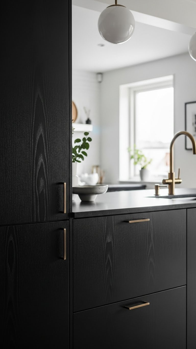 Modern dark scandi kitchen with matte black cabinetry, dark stone countertop, and minimalist brass accents in soft natural daylight.