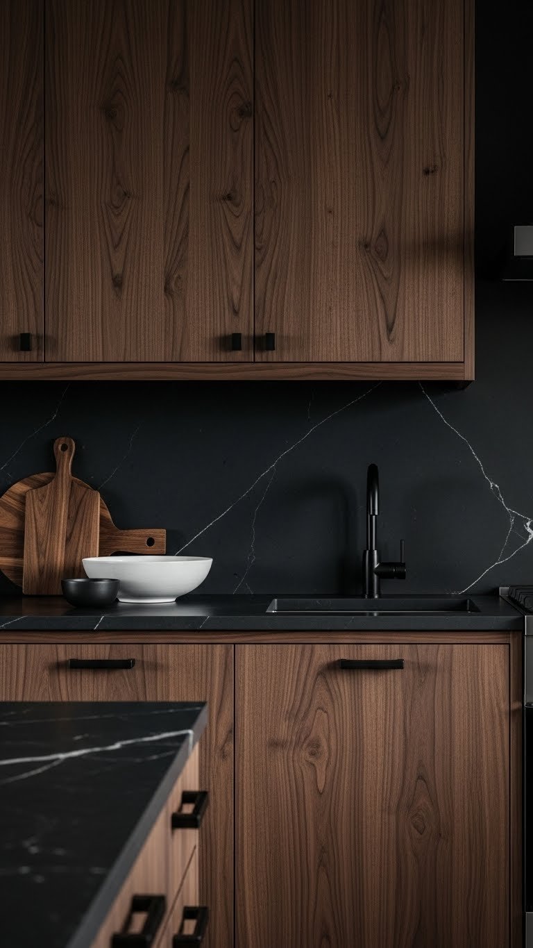 Dark Kitchen Living Room Aesthetic: 7 Essential Chic Ideas 12 Modern dark walnut kitchen cabinets with wood grain, black quartz countertop. Refined kitchen design with dark matte hardware.