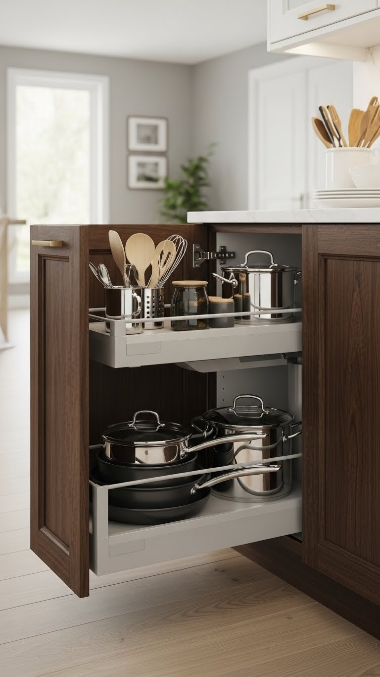Modern dark wood corner cabinet with Magic Corner pull-out unit fully extended displaying organized pots, pans, and kitchen tools in bright daylight