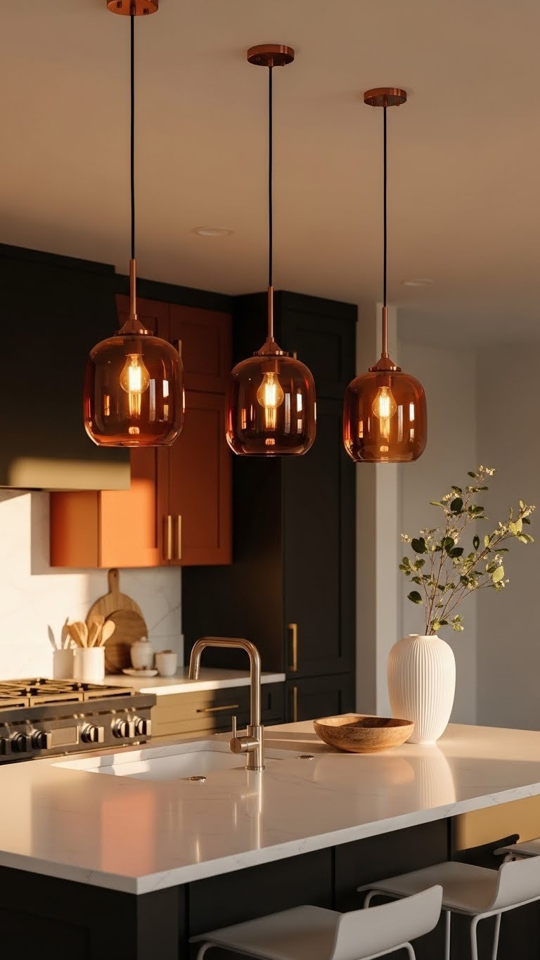 Modern deep orange amber glass pendant lights above a white quartz kitchen island, with dark cabinets and bar stools.