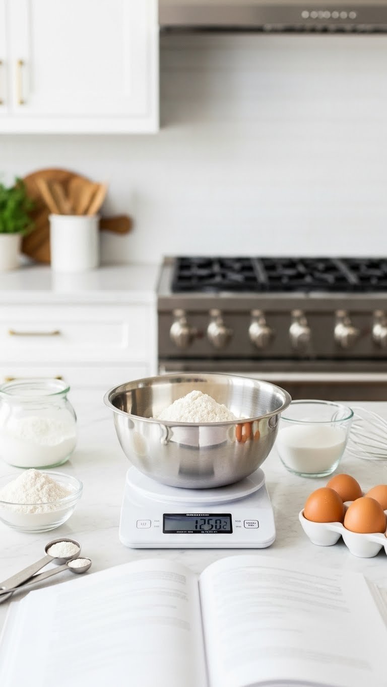 Modern digital food scale displaying precise weight measurement with flour in stainless steel bowl