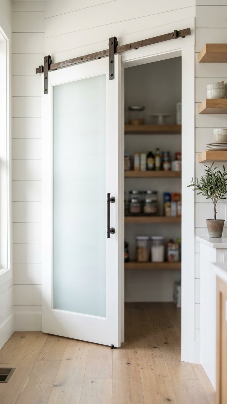 Modern farmhouse kitchen features a stylish full lite frosted glass sliding barn door with a dark bronze handle on a rustic metal track.