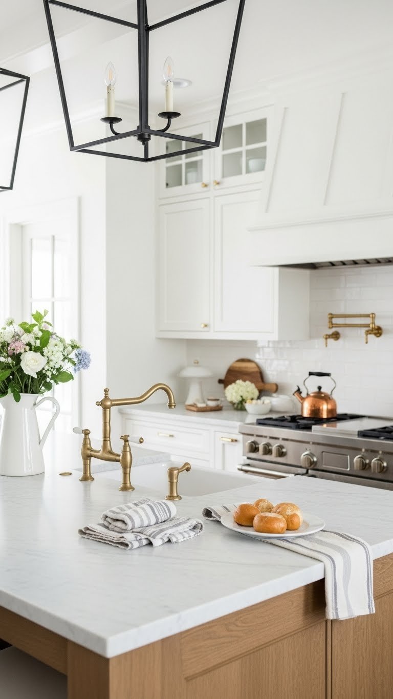 Modern farmhouse kitchen featuring white shaker cabinets, marble island, and brass farmhouse sink