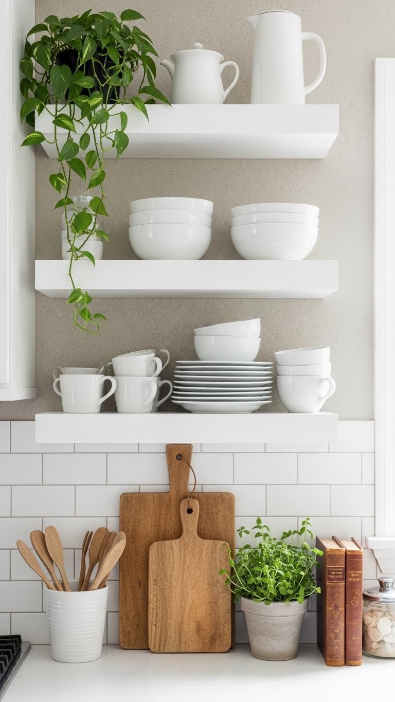 Modern farmhouse kitchen with white floating shelves displaying ceramic dishes and rustic cutting board
