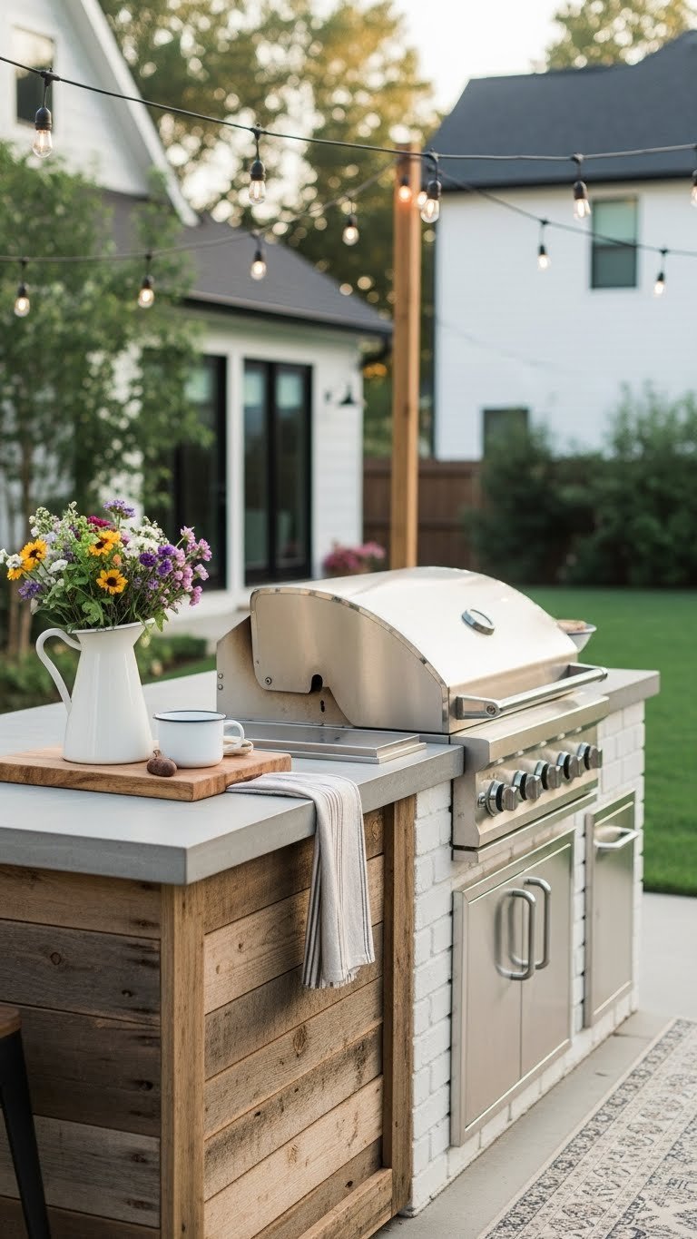 Modern farmhouse outdoor kitchen blending reclaimed wood with stainless steel grill and concrete countertops