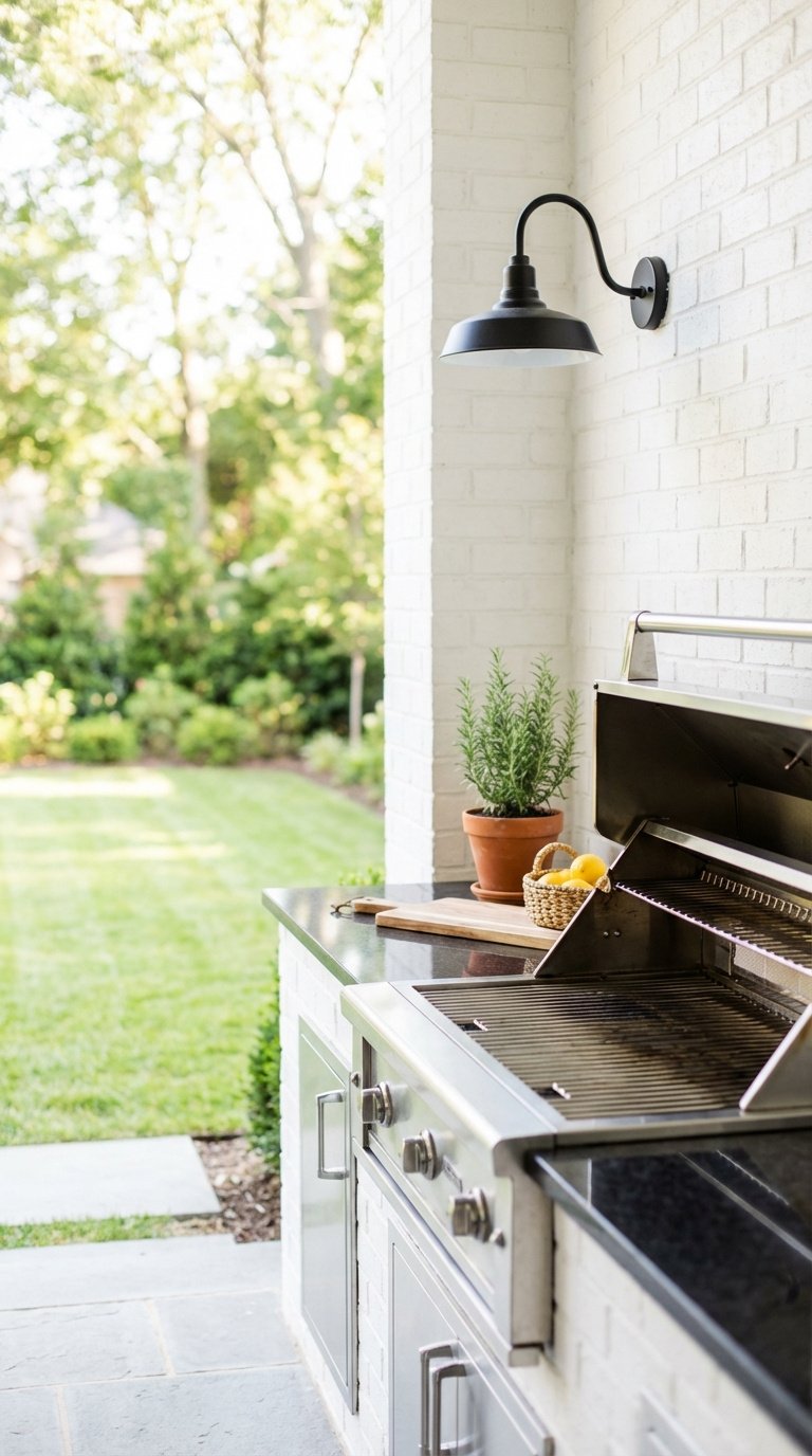 Outdoor Kitchen Modern Farmhouse 11 Stunning Design Ideas 1 Modern farmhouse outdoor kitchen with white painted brick grill station and black granite countertop on light gray stone patio