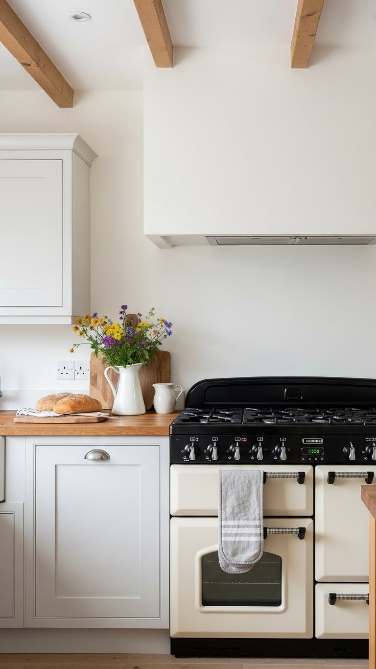 Modern farmhouse scandi kitchen blending cream range cooker with Shaker cabinets and wooden beams.