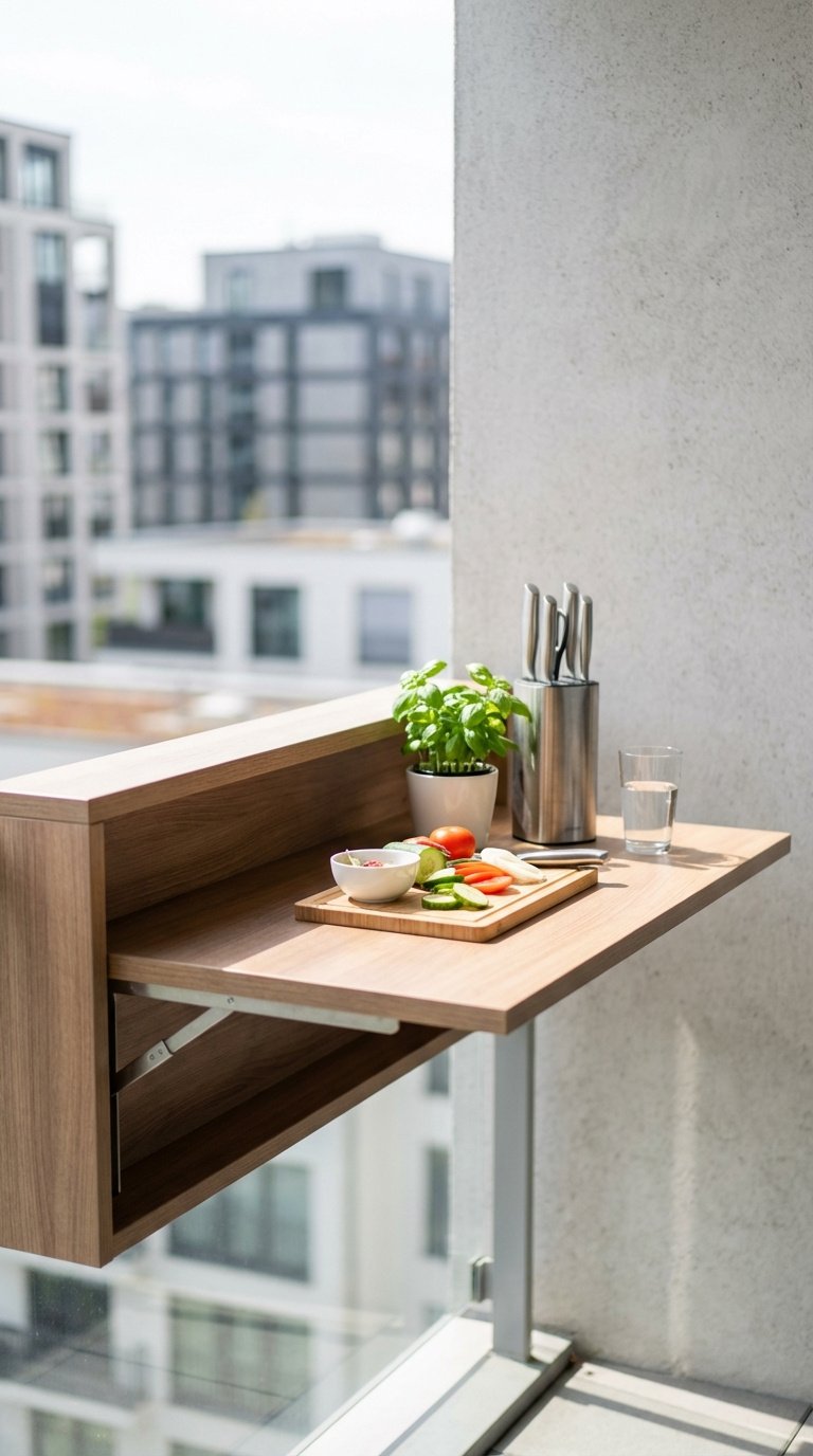 Modern fold-down countertop prep area with cutting board and fresh vegetables on outdoor kitchen balcony