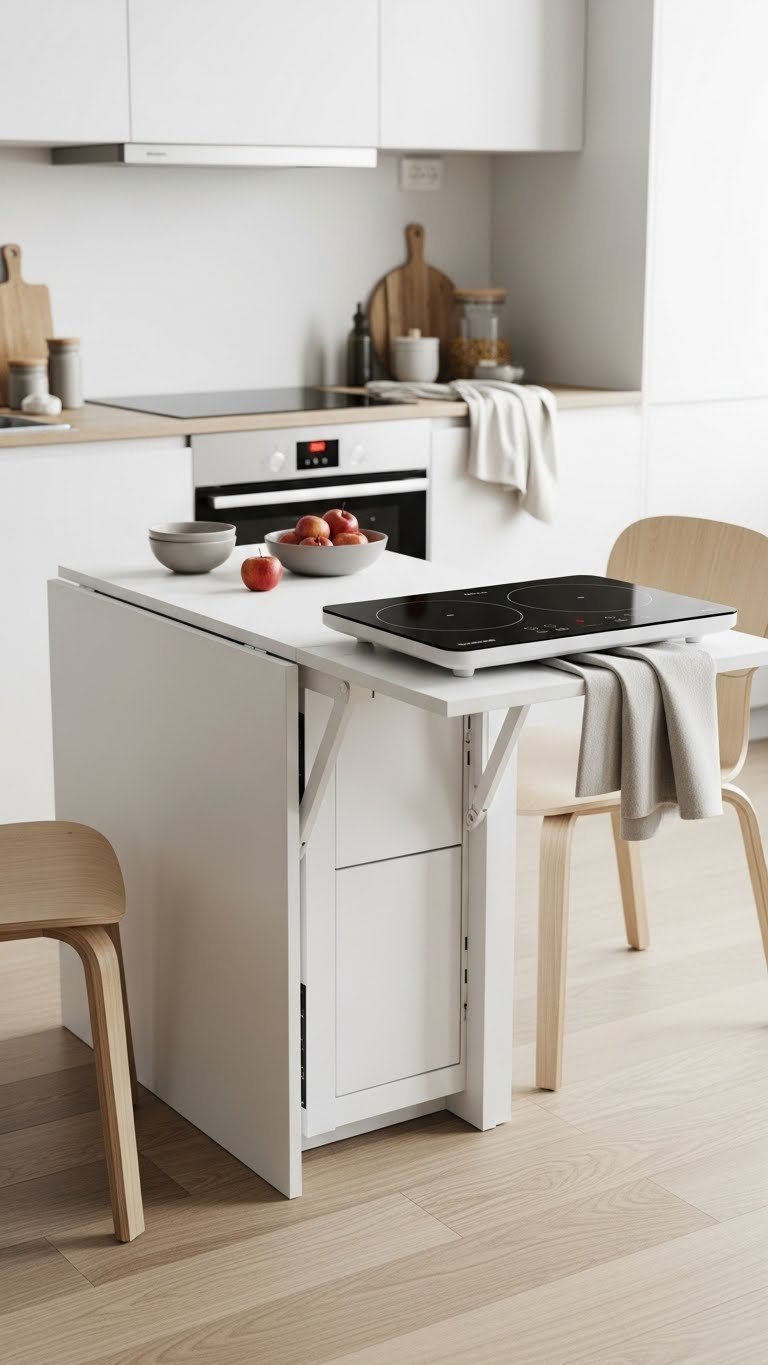 7 Essential Scandi Kitchen Apartment Ideas To Maximize Space 7 Modern foldable kitchen island serving as prep surface with compact induction cooktop in Scandinavian apartment
