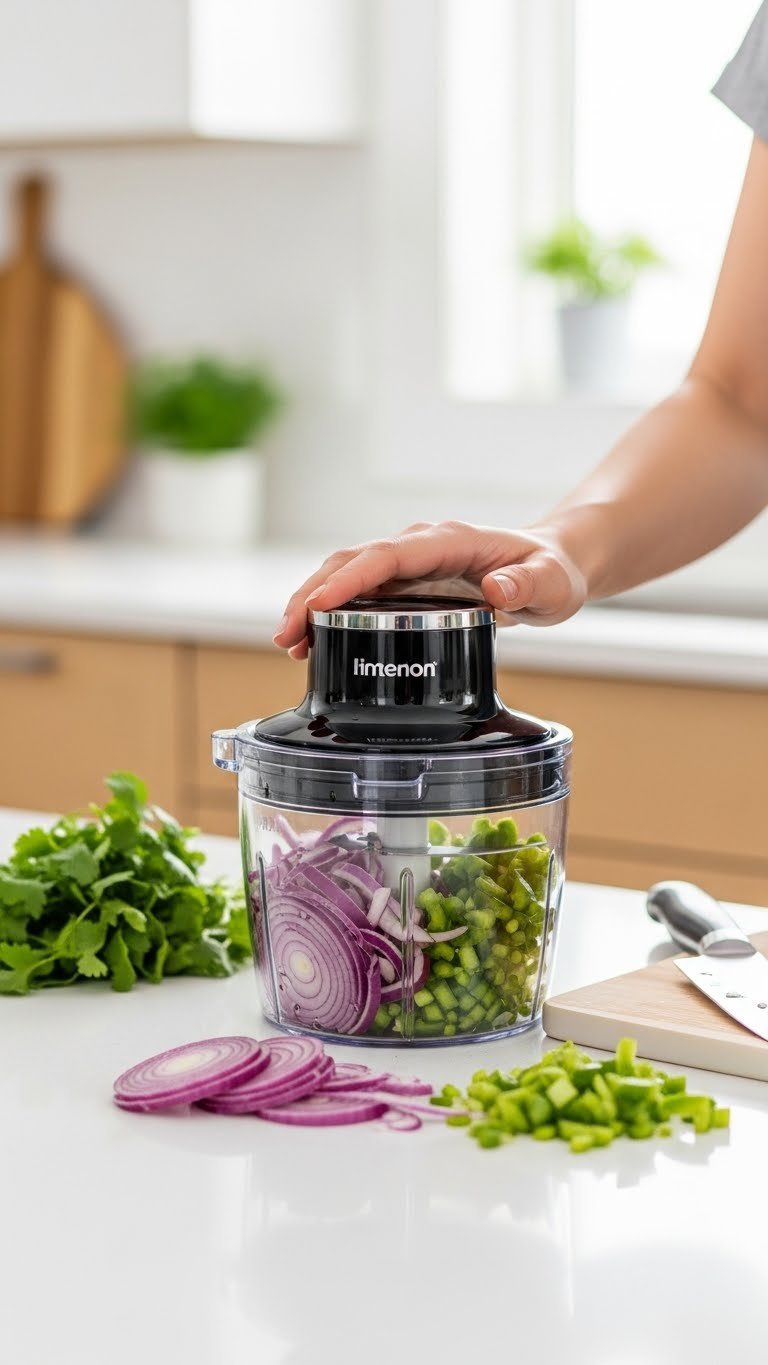 Modern food chopper actively dicing red onions and green peppers with hand pressing lid on kitchen counter