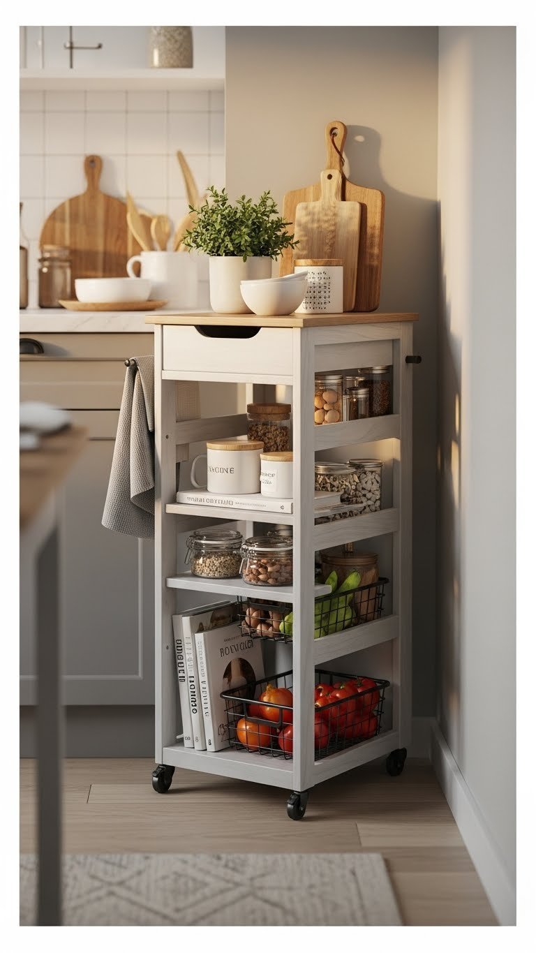 Proven Narrow Pantry Ideas: Essential Solutions For Small Kitchens 11 Modern freestanding narrow pantry cabinet in a small kitchen, organizing cookbooks and produce, enhancing compact storage.