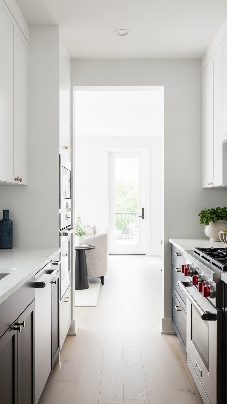 Modern galley kitchen features a perpendicular white quartz island, integrated appliances, and clean lines opening to a blurred living room.