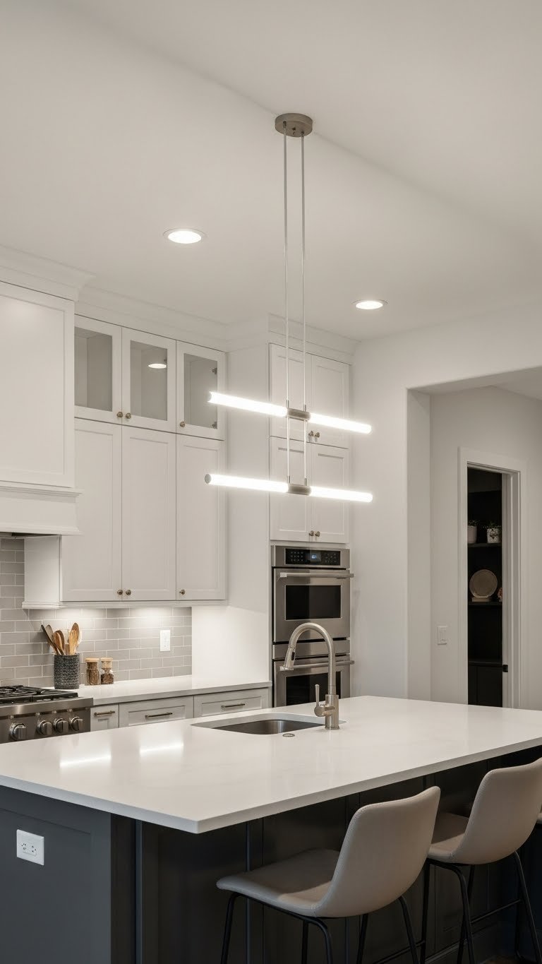 Modern galley kitchen island dramatically illuminated by three elegant linear pendant light fixtures, showcasing stylish kitchen lighting.
