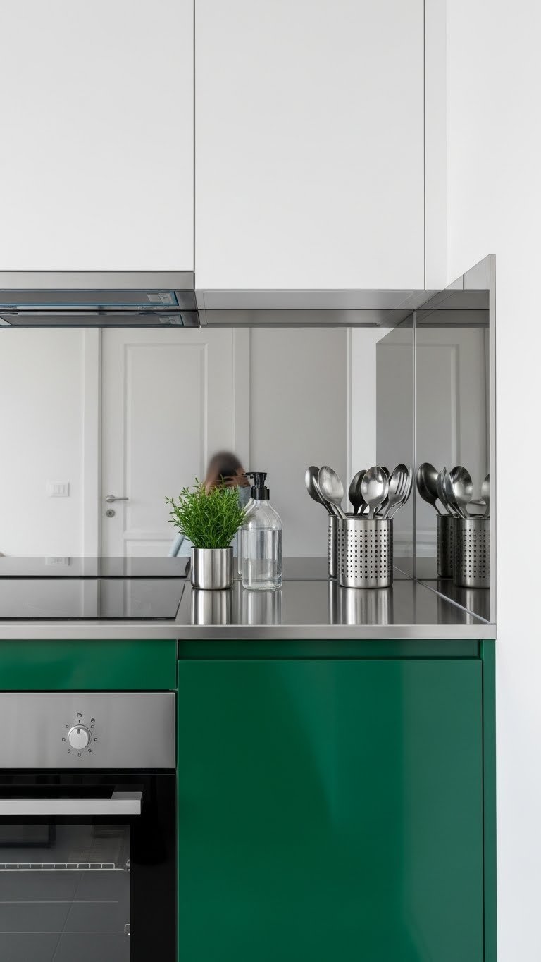 Modern galley kitchen with emerald green cabinets and reflective stainless steel backsplash design