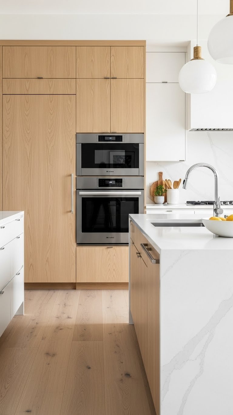 Modern galley kitchen with integrated appliances, featuring a clean, appliance-free island as prep space, minimalist cabinetry.