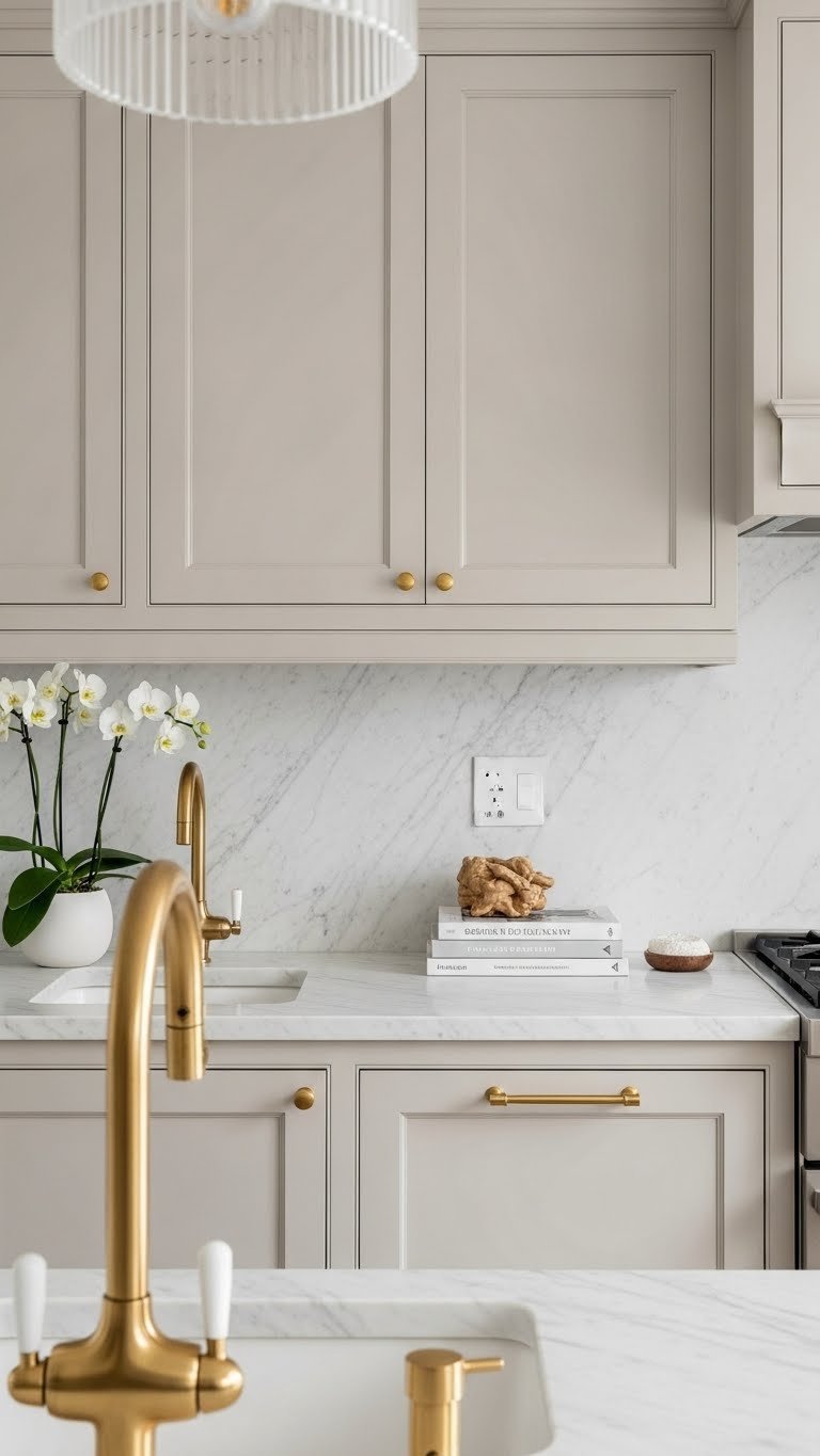 Modern greige kitchen with elegant brass hardware accents on marble countertops and sophisticated lighting details.
