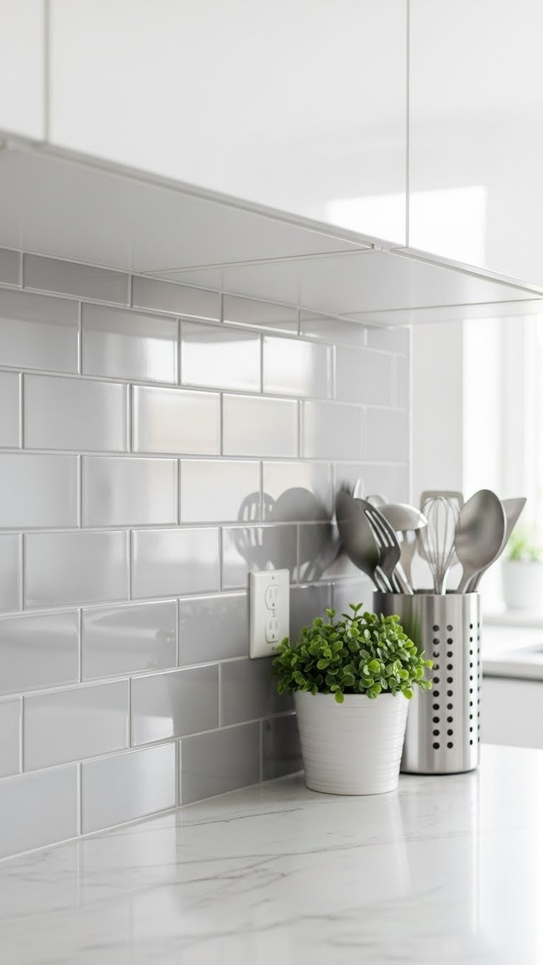 Modern grey subway-style peel-and-stick backsplash tiles on kitchen wall above white marble countertop with soft daylight illumination