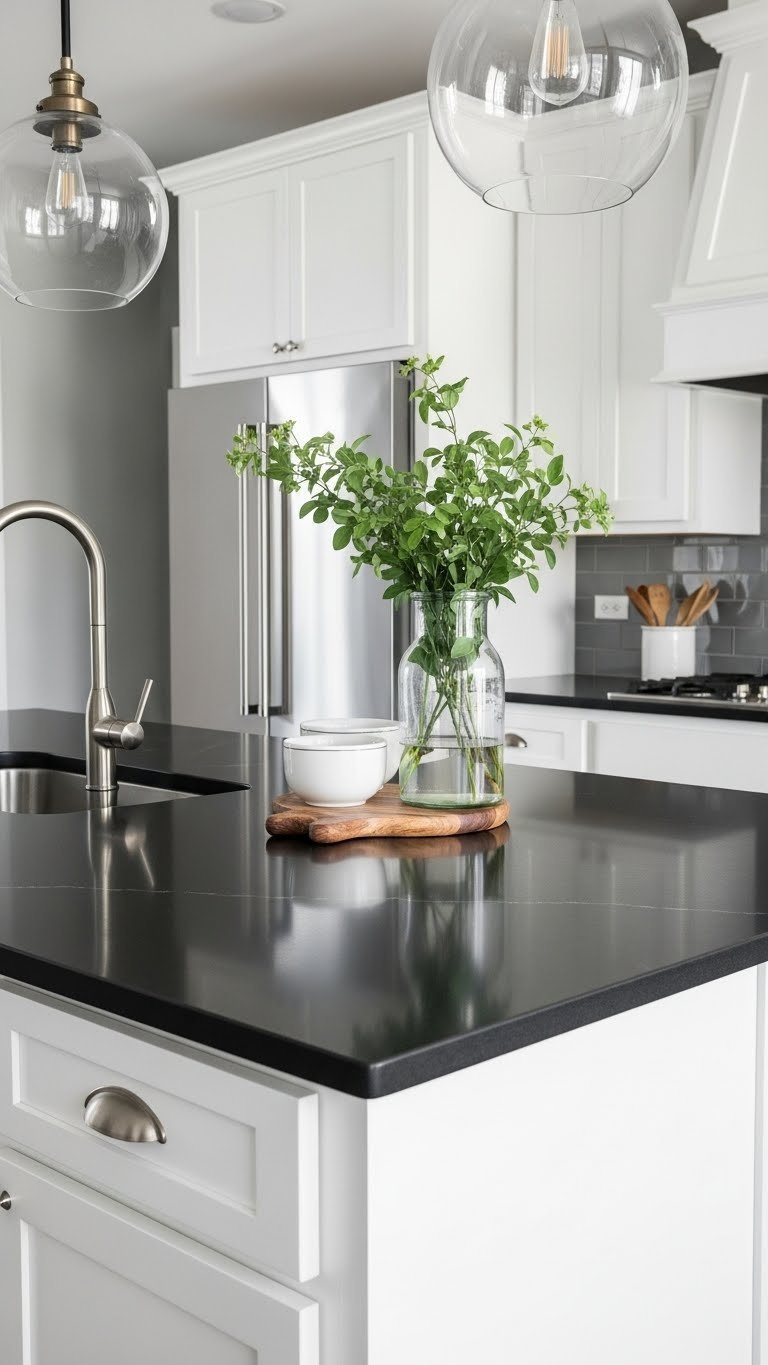 Modern high-contrast kitchen: white shaker cabinets, matte black quartz countertop, stainless steel appliances, subtle dark gray wall.