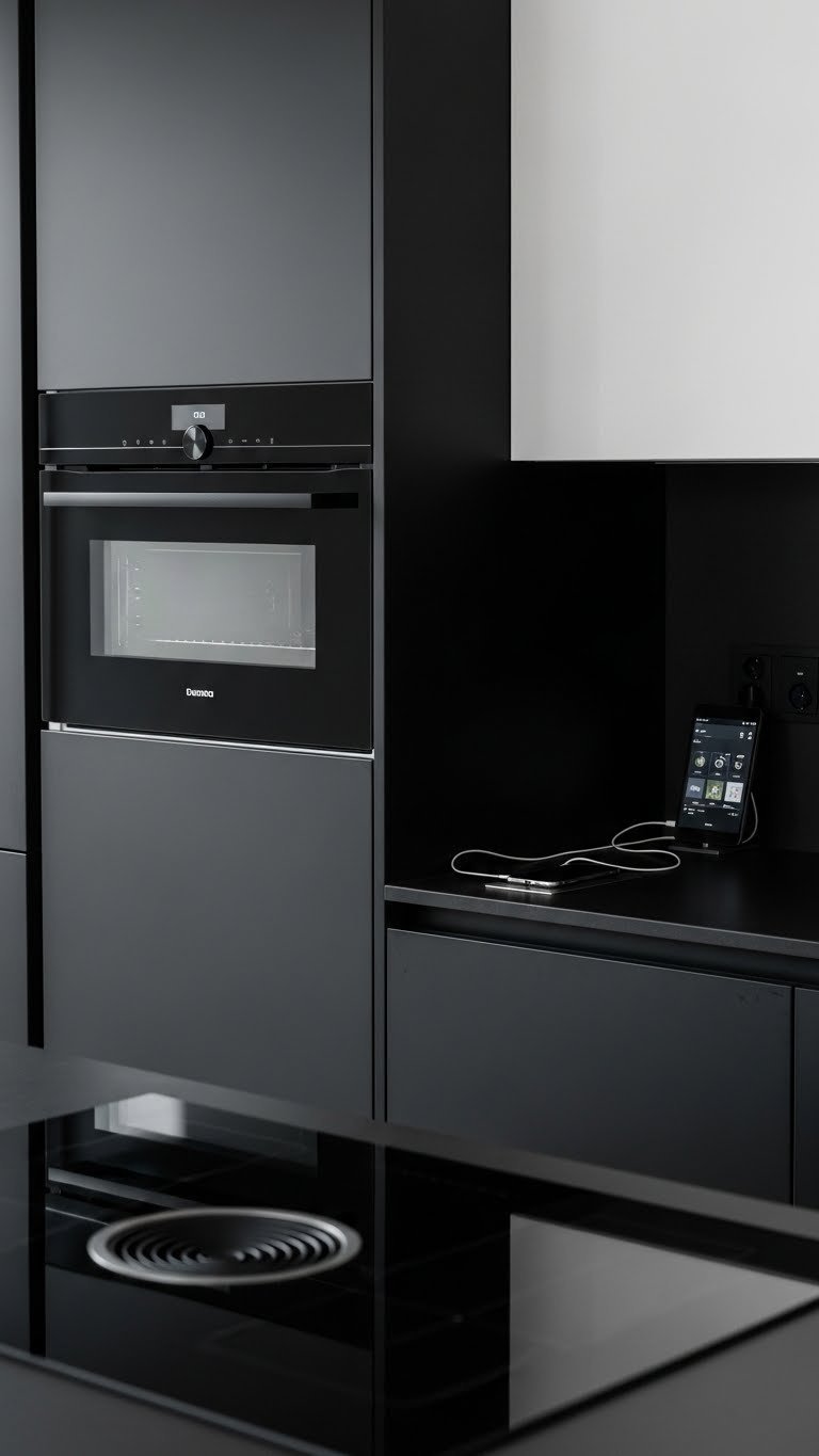 Modern high-tech black kitchen with integrated smart appliances, built-in oven, and minimalist induction cooktop.