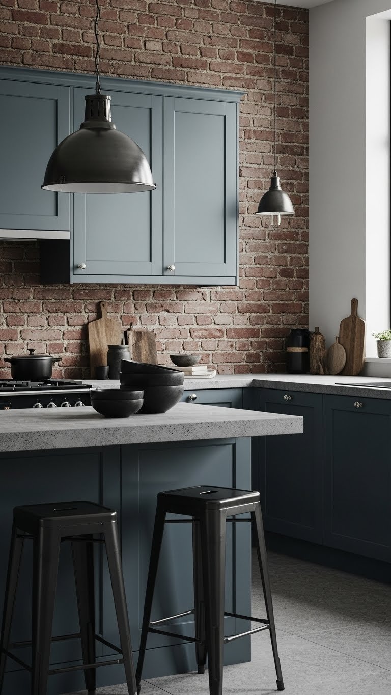 Modern industrial Scandi kitchen with grayish blue cabinets, concrete countertops, and exposed brick wall background
