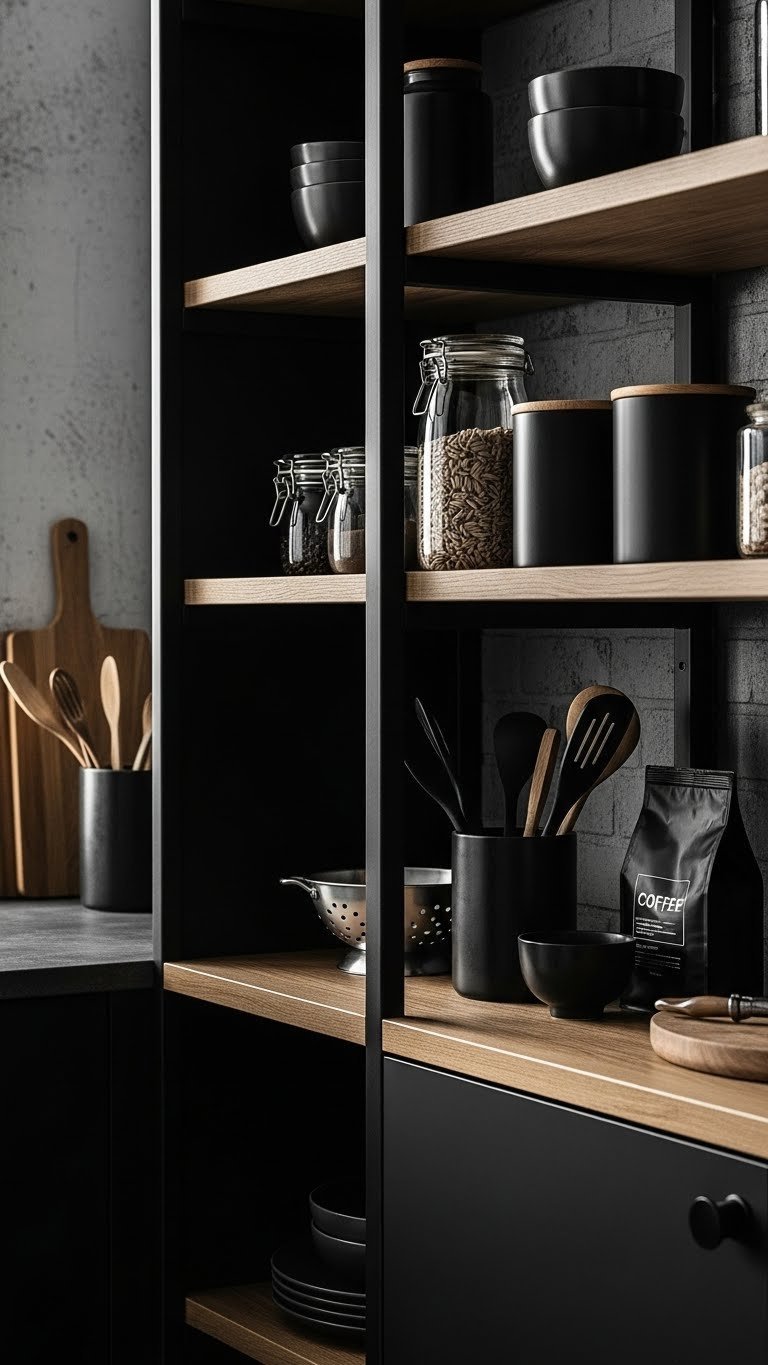 Modern industrial kitchen pantry with black metal and wood shelves displays monochromatic jars under dramatic lighting.