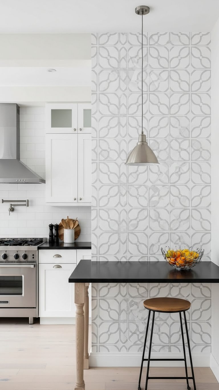 Modern kitchen accent wall with bold geometric scandi wallpaper pattern in light grey and white with pendant light